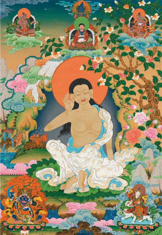 Jetsun Milarepa Thangka - Giclee Printed and Hand Framed Tibetan Art - 120cm height - gandhanra tibetan thangka art