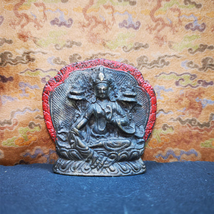 This small green tara statue was collect from Jiegu Monastray,about 80 years old. It's an old-style green tara statue,made of copper and painted with mineral pigments,size is about 2.16 by 1.97 inches. The back is carved mantra of Body, Speach,Mind