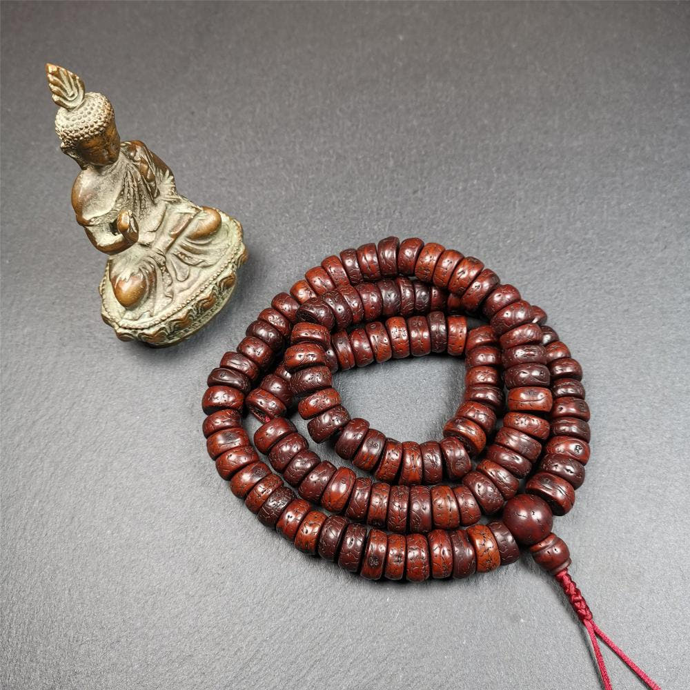Old Bodhi Seed Mala 0.5" - Tibetan Buddhist mala beads, detailed view
