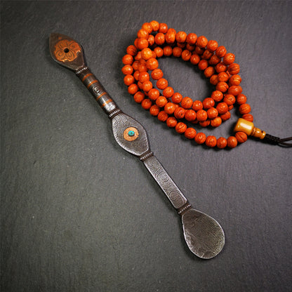 This spoon is handmade by Tibetan craftsmen from Tibet. It is entirely hand-carved with cold iron and copper,lenght about 7.5 inches. You can see teh intricate engraved detail along the handle, neck and bowl,very beautiful.