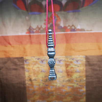 This beautiful stupa pendant is hand carved by Tibetan craftsmen from Tibet in 1990's. From Hepo Town, Baiyu County, the birthplace of the famous Tibetan handicrafts. It was made of cold iron,inlaid copper dot,2.56 inches height,0.43 inch width. You can put it in your shrine as ritual.