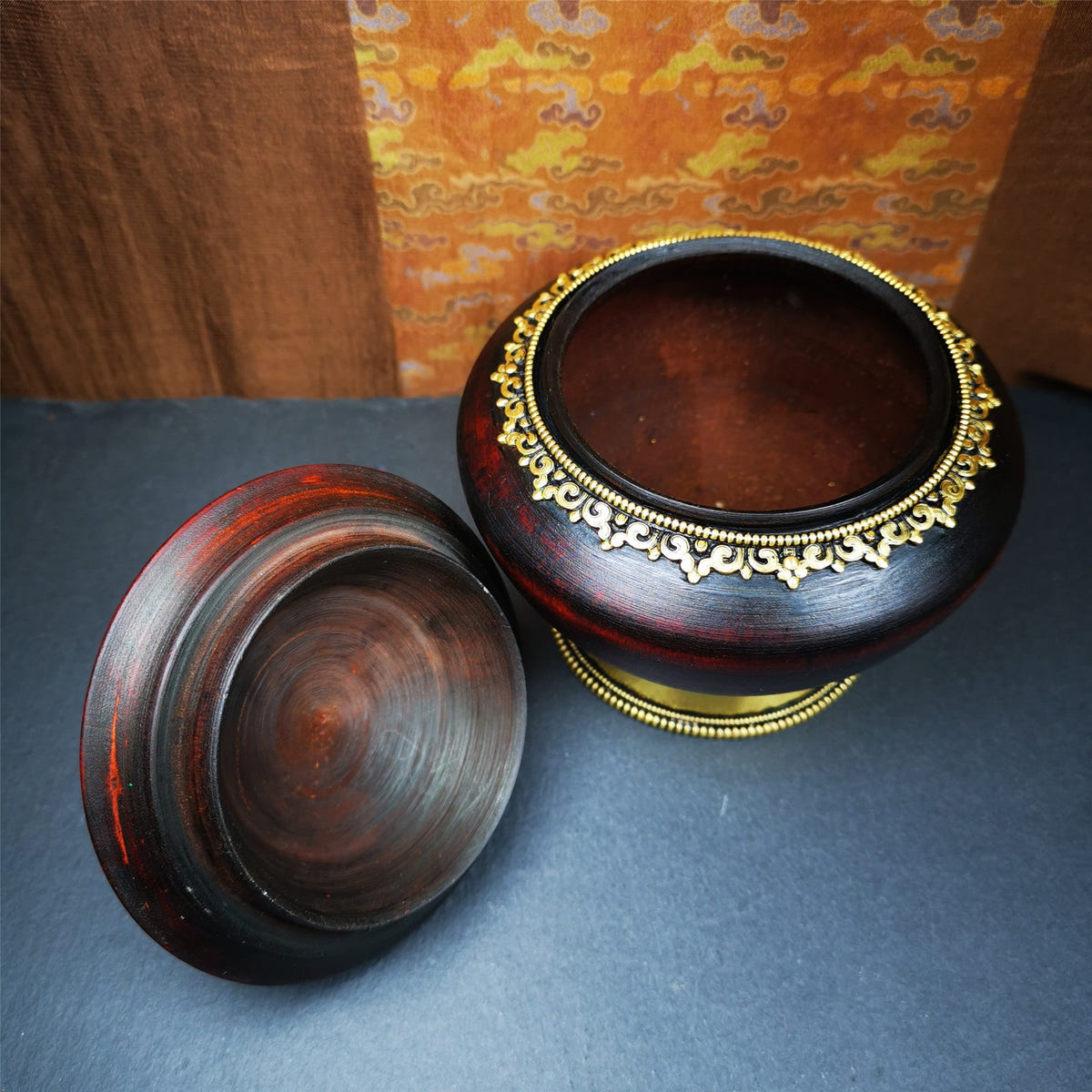 Wood Offering Bowl 6.3" - Tibetan Buddhist art, close-up detail