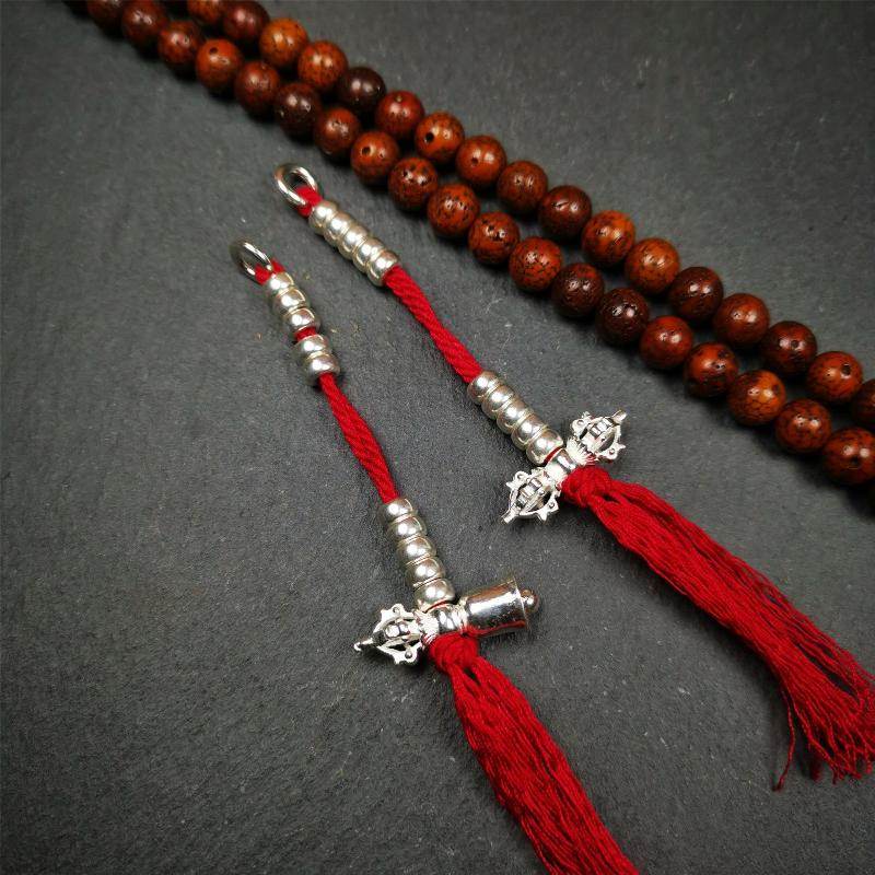 5mm Sterling Silver Prayer Bead Counters with Dorje and Vajra Pendant - Tibetan Buddhist vajra, front view