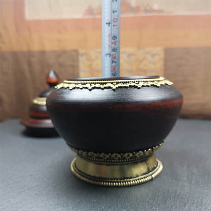 Wood Offering Bowl 6.3" - Tibetan Buddhist art, size reference
