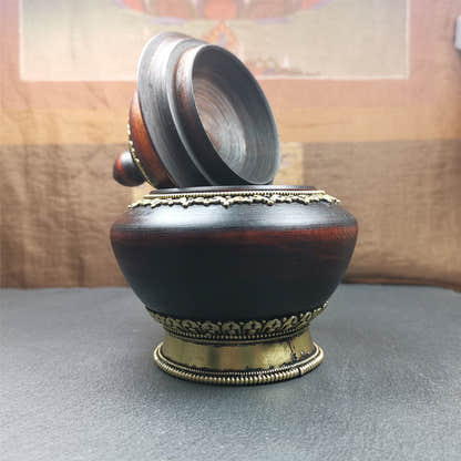Wood Offering Bowl 6.3" - Tibetan Buddhist art, detailed view