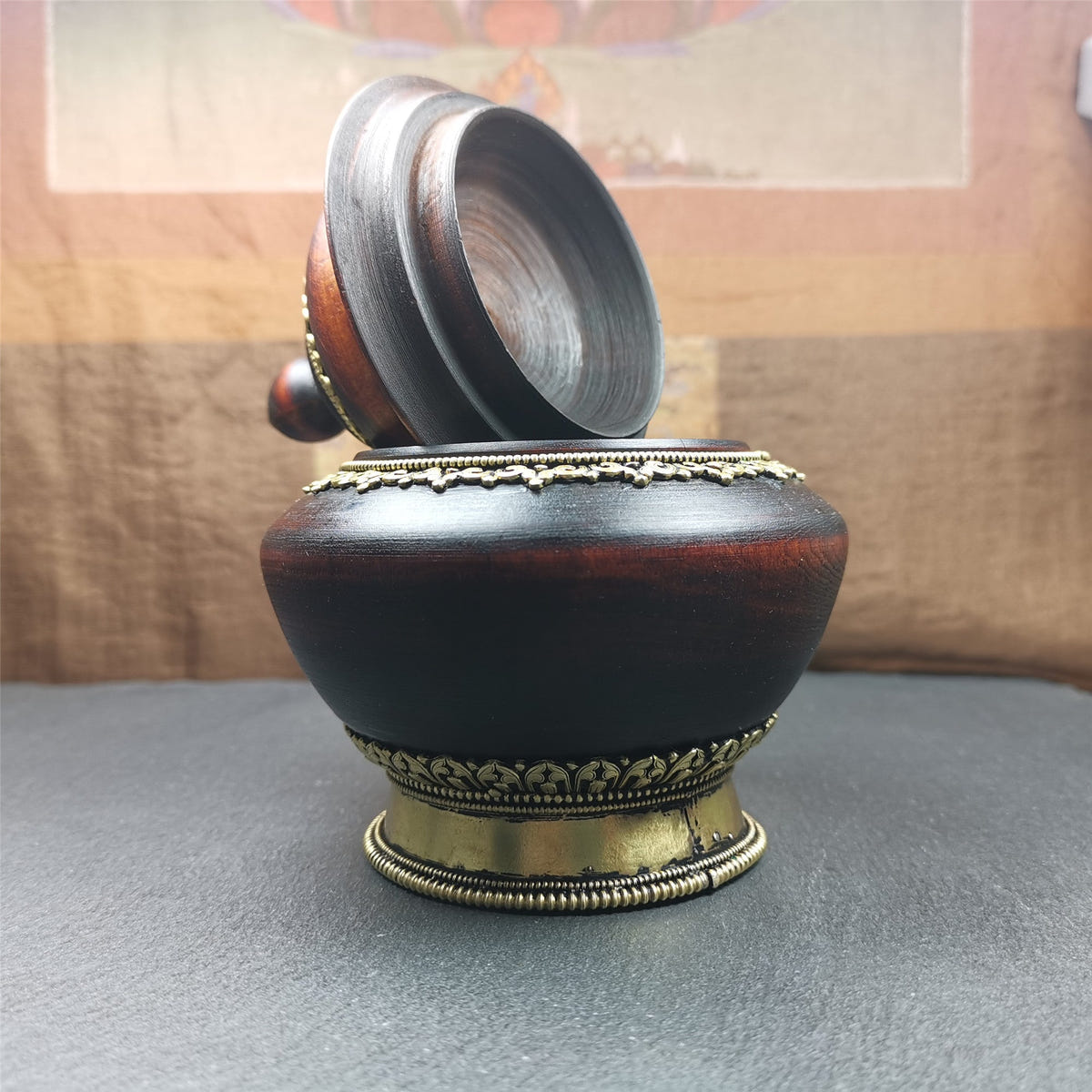 Wood Offering Bowl 6.3" - Tibetan Buddhist art, detailed view