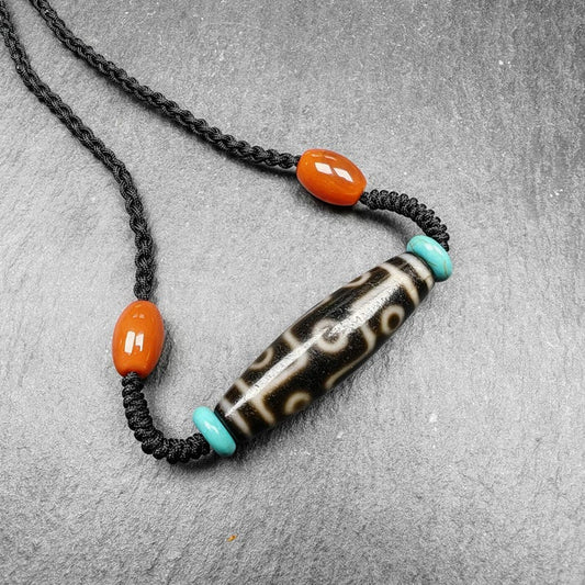 Gandhanra Vintage 9 Eyes Dzi Agate Bead Necklace: Tibetan Protective Amulet