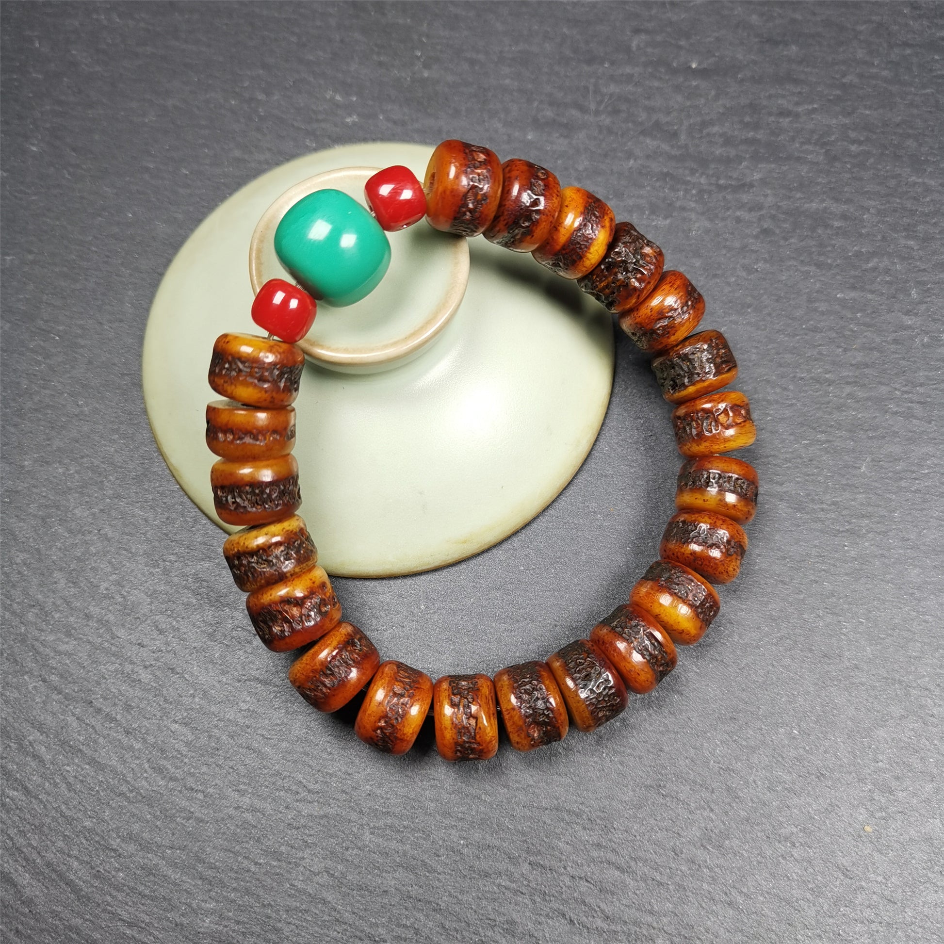 Gandhanra Handmade Tibetan Yak Bone Wrist Mala + Turquoise Bead Bracelet, Hand-carved Amulet Bracelet,for Meditation and Prayer