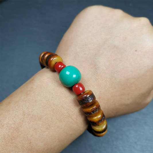 7.5" Yak Bone Wrist Mala - Tibetan Buddhist mala beads, detailed view
