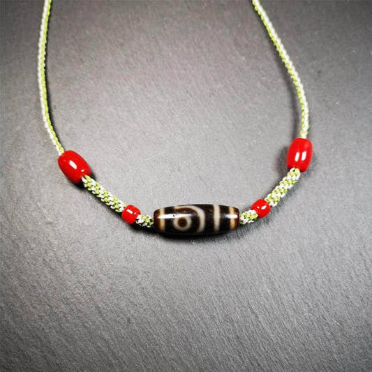2 Eyed Dzi Bead Necklace - Tibetan Buddhist bead necklace, front view