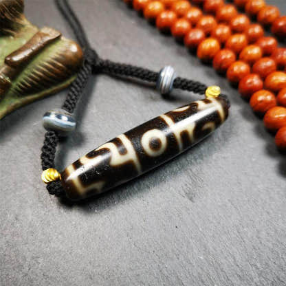 Guru Rinpoche's Ritual Paraphernalia Dzi Bead Necklace - Tibetan Buddhist bead necklace, detailed view