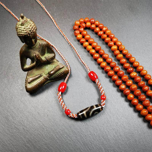 2 Eyed Dzi Bead Necklace - Tibetan Buddhist bead necklace, front view