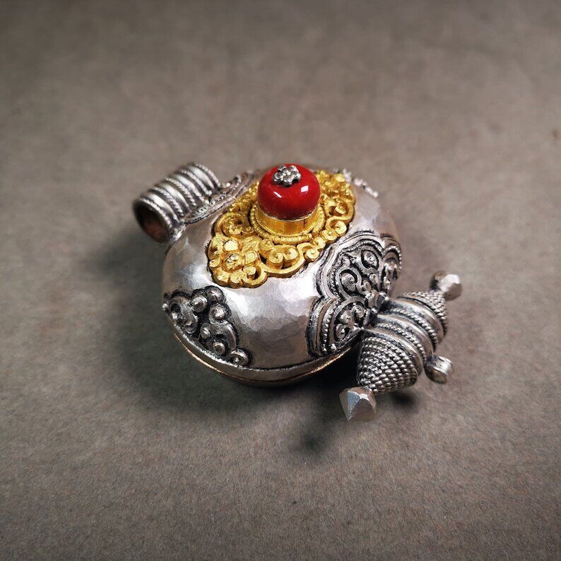 Gau Ghau Shrine, Chiseled Mini Tibetan Buddhist Altar Amulet Pendant