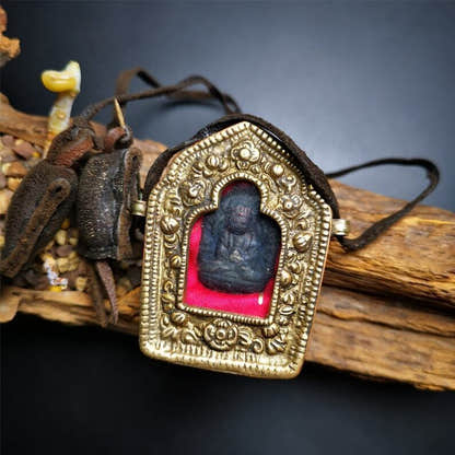 Gau Ghau Shrine of Amitayus, Amitabha,Amulet 2.36" - Tibetan Buddhist amulet, front view