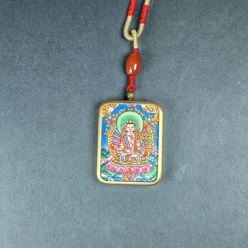 Hand-Painted Akashagarbha Locket Thangka - Tibetan Gau Box Amulet - Tibetan thangka painting, detailed view