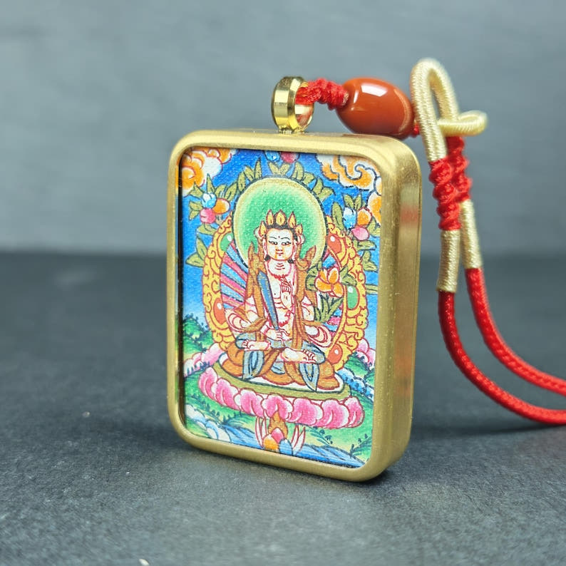 Hand-Painted Akashagarbha Locket Thangka - Tibetan Gau Box Amulet - Tibetan thangka painting, front view