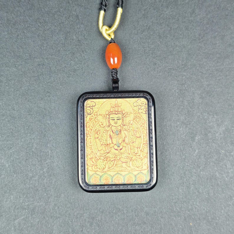 Hand-Painted Chenrezig Locket Necklace – Tibetan Gau Amulet