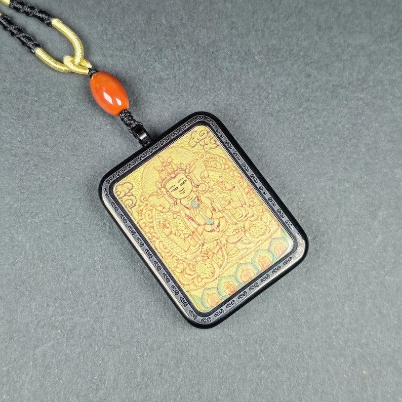 Hand-Painted Chenrezig Locket Necklace – Tibetan Gau Amulet