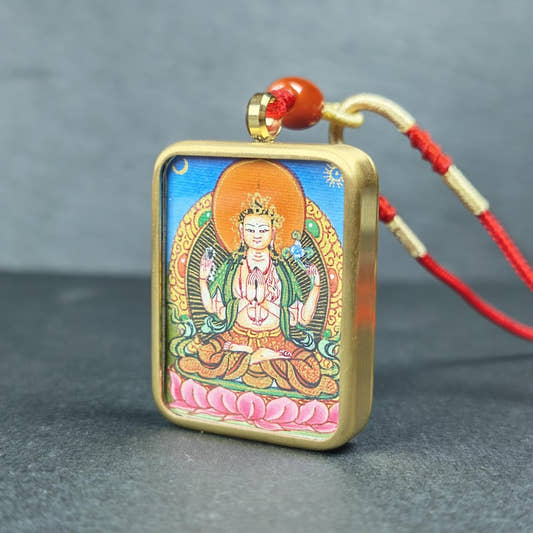 Hand-Painted Chenrezig Locket Thangka - Tibetan Gau Box Amulet - Tibetan thangka painting, front view