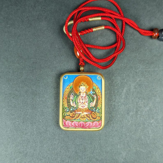 Hand-Painted Chenrezig Locket Thangka – Tibetan Gau Box Amulet Necklace