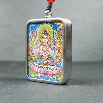 Hand-Painted Chenrezig Locket Thangka - Tibetan Gau Box Amulet - Tibetan thangka painting, front view