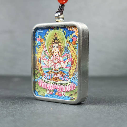 Hand-Painted Chenrezig Locket Thangka - Tibetan Gau Box Amulet - Tibetan thangka painting, front view