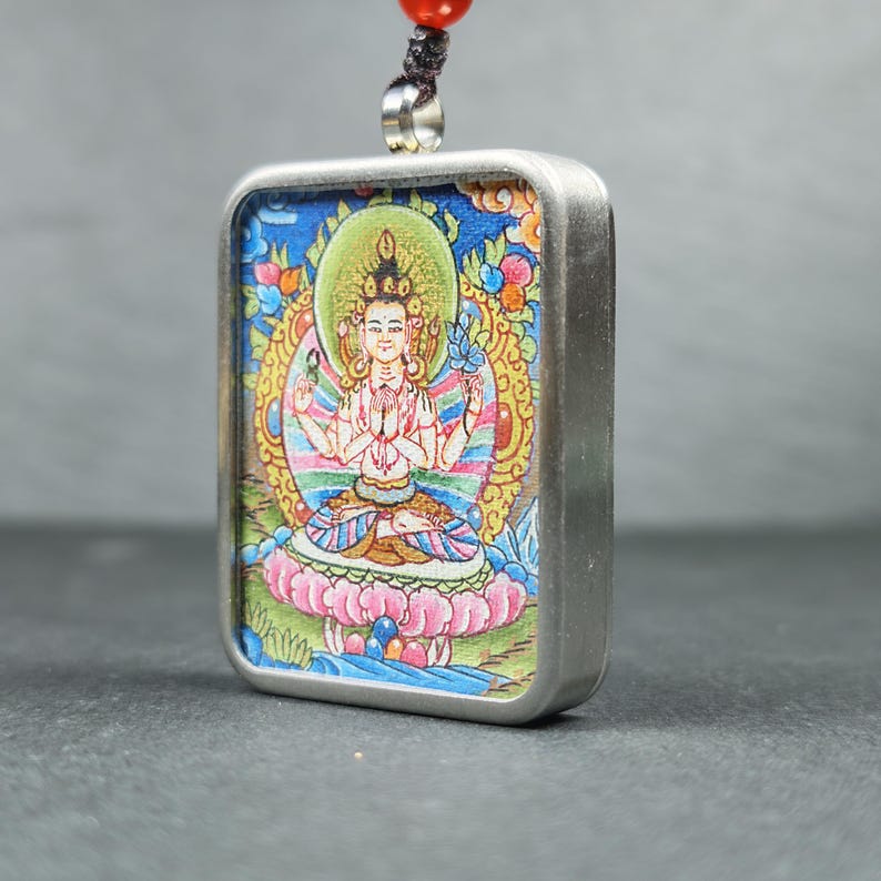 Hand-Painted Chenrezig Locket Thangka - Tibetan Gau Box Amulet - Tibetan thangka painting, front view