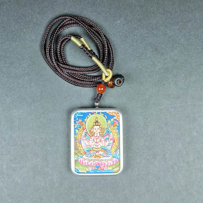Hand-Painted Chenrezig Locket Thangka - Tibetan Gau Box Amulet - Tibetan thangka painting, detailed view