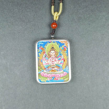 Hand-Painted Chenrezig Locket Thangka - Tibetan Gau Box Amulet - Tibetan thangka painting, view 5