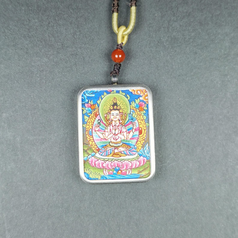 Hand-Painted Chenrezig Locket Thangka - Tibetan Gau Box Amulet - Tibetan thangka painting, view 5