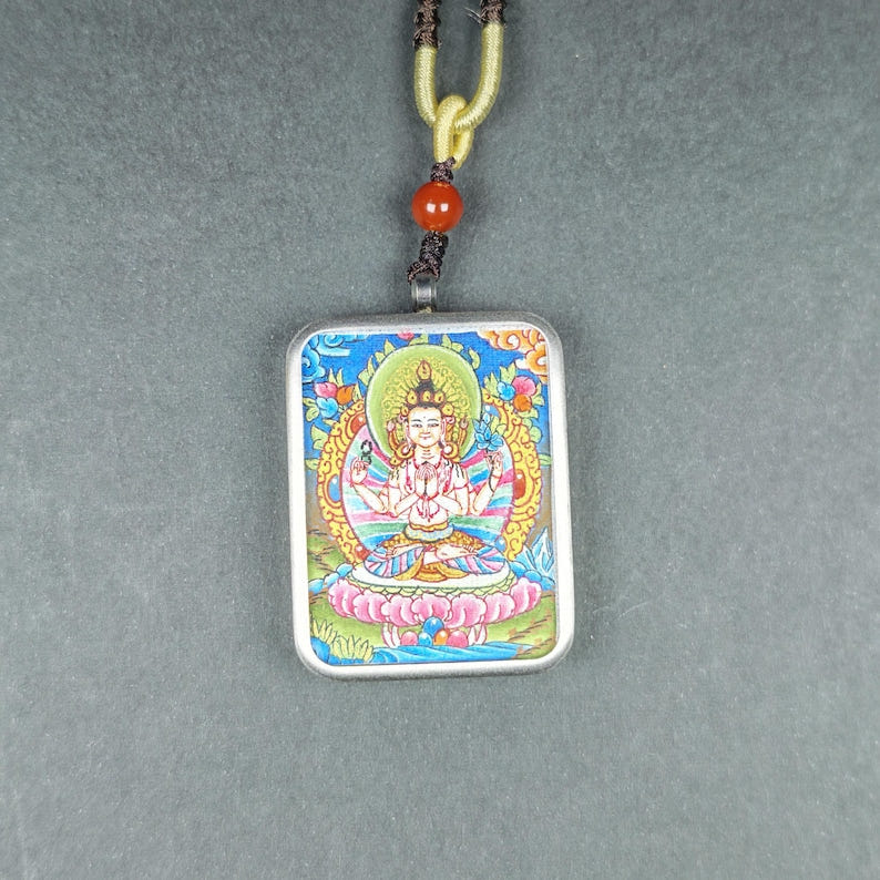 Hand-Painted Chenrezig Locket Thangka - Tibetan Gau Box Amulet - Tibetan thangka painting, view 5