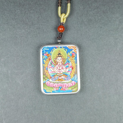 Hand-Painted Chenrezig Locket Thangka – Tibetan Gau Box Amulet Necklace
