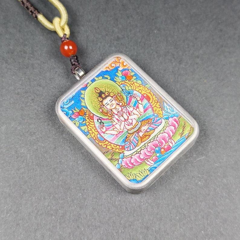 Hand-Painted Chenrezig Locket Thangka – Tibetan Gau Box Amulet Necklace