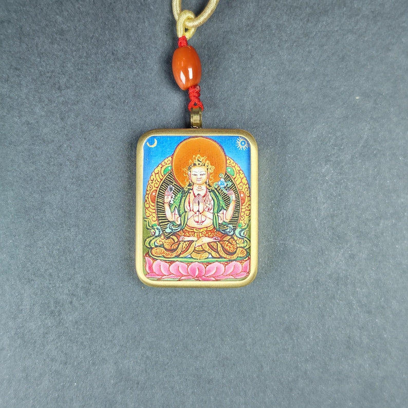 Hand-Painted Chenrezig Locket Thangka – Tibetan Gau Box Amulet Necklace