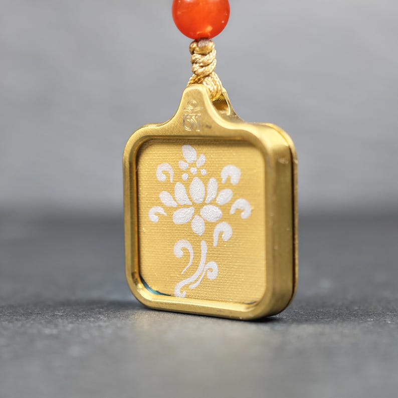 Hand-Painted Lotus Flower Locket Thangka - Tibetan Gau Box Amulet - Tibetan thangka painting, front view