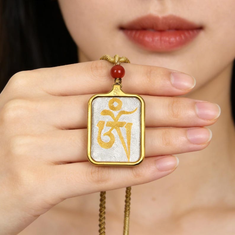 Hand-Painted OM Letter Locket - Sacred Tibetan Gau Box Amulet- Religious Talisman Pendant - Stainless Steel Necklace - Spiritual Gift