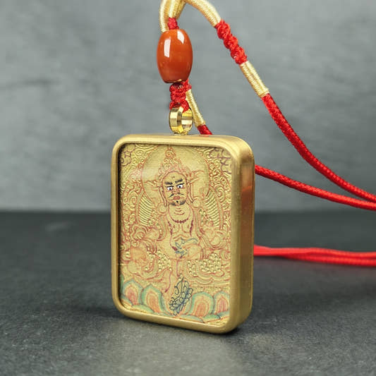 Hand-Painted Yellow Jambhala Locket Thangka - Tibetan Gau Box Amulet - Tibetan thangka painting, front view