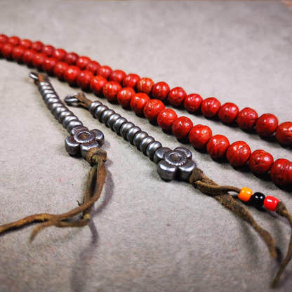 6mm Cold Iron Prayer Bead Counters with Gesang Flower Pendant - Tibetan Buddhist art, front view