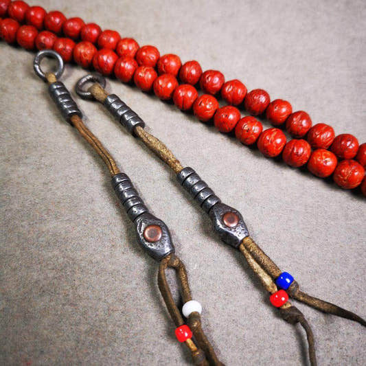 6mm Cold Iron Prayer Bead Counters with Mantra Dot Pendant - Tibetan Buddhist art, front view