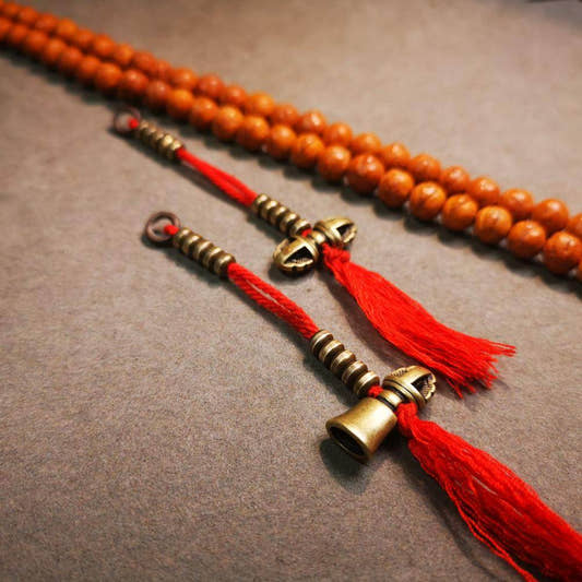 5mm Brass Prayer Bead Counters with Dorje Bell Pendant - Tibetan Buddhist art, front view