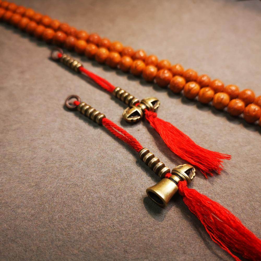 5mm Brass Prayer Bead Counters with Dorje Bell Pendant - Tibetan Buddhist art, front view