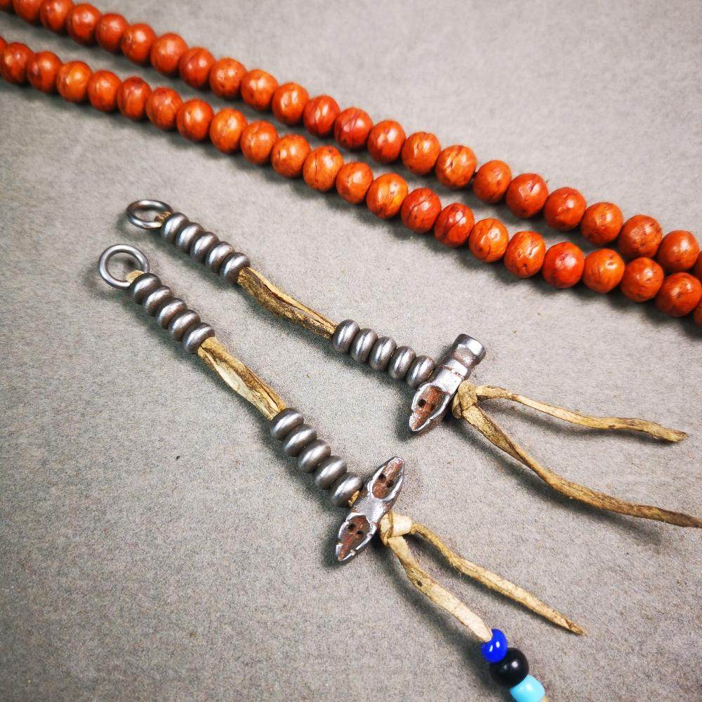 6mm Cold Iron Prayer Bead Counters with Dorje Bell Pendant - Tibetan Buddhist art, front view