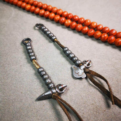 6mm Cold Iron Prayer Bead Counters with Kila and Kartika Pendant - Tibetan Buddhist art, close-up detail