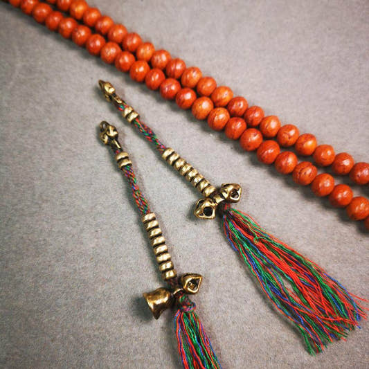 5mm Brass Prayer Bead Counters with Dorje Bell Pendant - Tibetan Buddhist art, front view