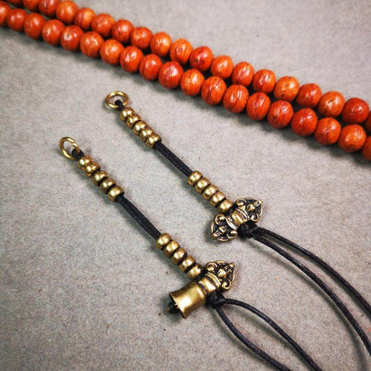 5mm Brass Prayer Bead Counters with Dorje Bell Pendant - Tibetan Buddhist art, front view