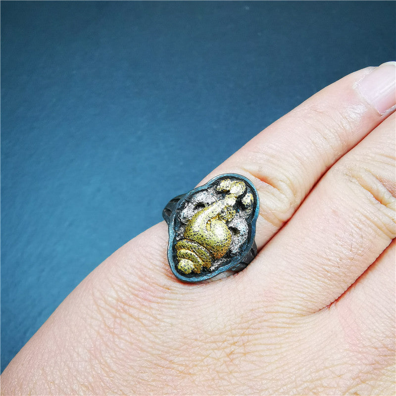 Gandhanra Unique Handcrafted Tibetan Buddhist Shankha Conch Ring,Made of Pure Gold Filled and Silver Filled,Protection Jewelry,0.87"