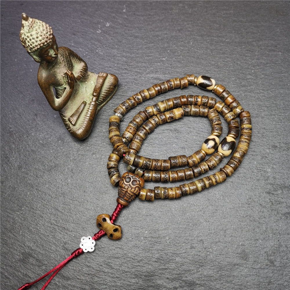 Gandhanra Old Tibetan Kapala Skull Bone Mala Set,Tibetan Prayer Beads for Meditation,27"