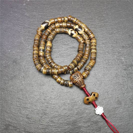Old Kapala Skull Bone Mala - Tibetan Buddhist mala beads, front view