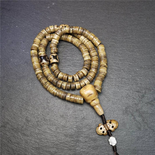 Old Kapala Skull Bone Mala - Tibetan Buddhist mala beads, front view