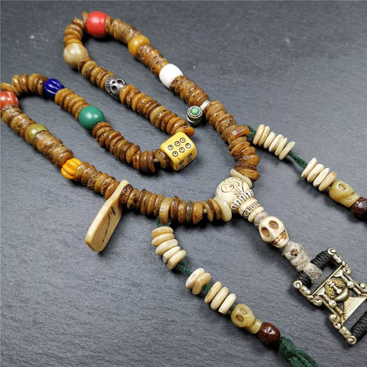 Old Kapala Skull Bone Mala,Disk Shape - Tibetan Buddhist mala beads, front view